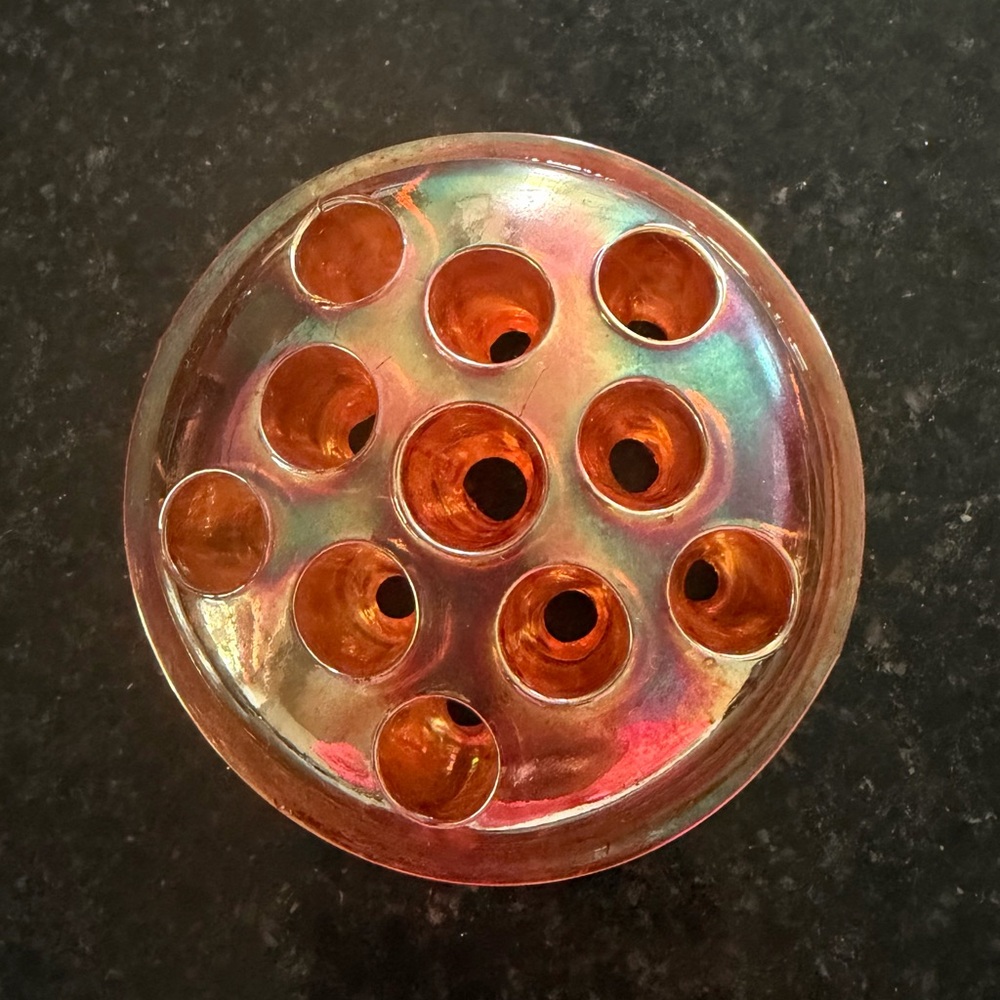 Vintage Iridescent Marigold Carnival Glass 11 Hole Flower Frog - beautiful!!!